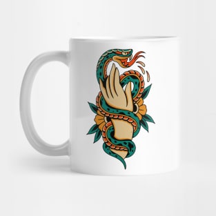 American Traditional Tattoo Snake wrapping Hand with Flowers Mug